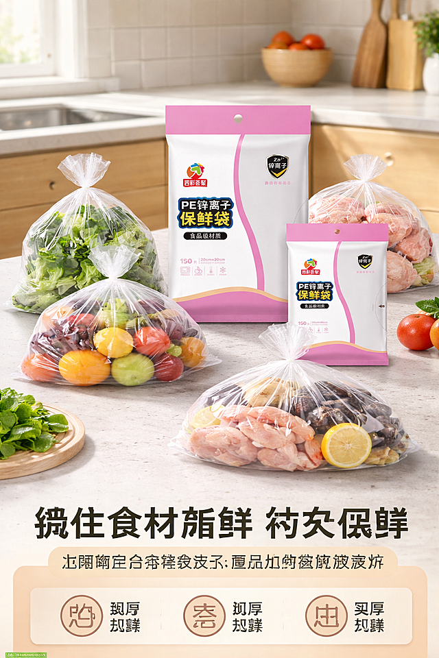 「图片1」，生成一套详情页，商品名称为PE锌离子保鲜袋，适配淘宝/天猫平台，单图比例为9:16，需求屏数为8张。
