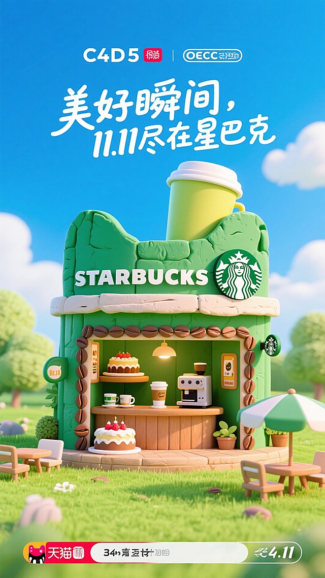 梦幻感与清新感交织的软3D风格微缩艺术场景，卡通化星巴克小店萌趣十足，粘土质感营造可爱氛围，呼应双11节日主题。