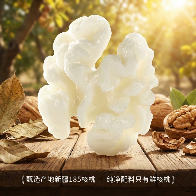 参考这张图片，生成一张类似的新疆185鲜核桃仁产品宣传图，换一个真实且风格不同的全新背景，不要和原图浅白背景相似，保留排版结构、所有文案内容和核桃仁居中展示，核桃仁保持奶白色，整体尺寸750x750预览效果