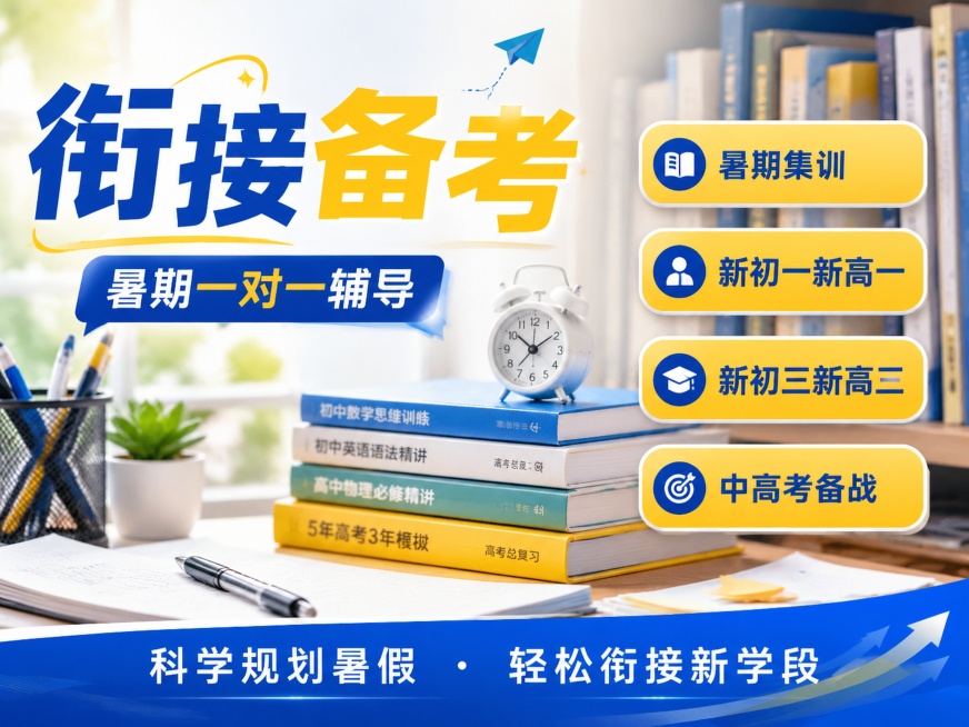 融合创新实景风格教育培训海报，延续蓝黄专业配色，比例 4:3。左右分栏构图，左侧主标题大字号写"衔接备考"，蓝黄撞色设计，副标题写"暑期一对一辅导"，右侧四个圆角标签从上到下依次标注"暑期集训"、"新预览效果