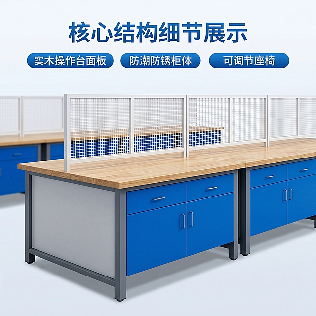 [主图 2] 产品细节与核心亮点展示；[氛围风格] 专业明亮实景展示风格，和主图1保持一致风格；[画质] 商业摄影质感、光线柔和通透、产品清晰真实、画面干净高级；[元素] 保持实验台细节外观（物理结构、材质质感、颜色）与输入产品图绝对一致，杜绝任何变形和色差，精细化处理。特写展示实验台的桌面材质、蓝色储物柜体和分隔网设计，突出工艺细节。商品主体占比严格控制在 60%-80% 之间，画面满铺无边框；[光影] 均匀柔和灯光，突出材质纹理，细节清晰可见；[配色] 和主图1保持一致，主色调蓝白简约配色；[视角构图] 平视特写视角，聚焦产品中部核心结构；[文字版式] 顶部主标题居中，"核心结构细节展示" 蓝色粗体；下方采用三枚蓝色圆角胶囊横向排列，依次标注「实木操作台面板」「防潮防锈柜体」「可调节座椅」，白色文字蓝色背景对比清晰；[比例分辨率] 1:1 比例，2k 分辨率；文字清晰锐利，画面超高清；[负向提示词] 变形，水印，文字错乱，产品图模糊，背景杂乱。