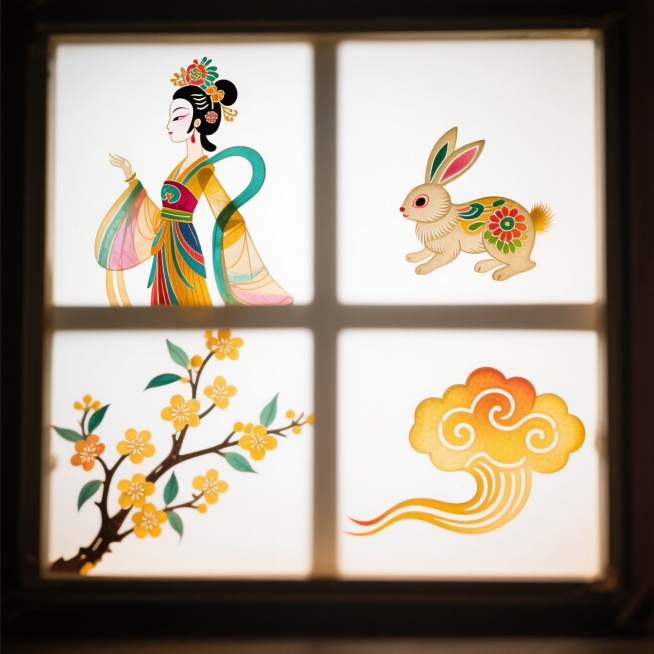 明亮鲜艳配色的素材（2X2规整排布）：1、嫦娥，2、小兔子，3、桂花，4、祥云。纯白色背景预览效果