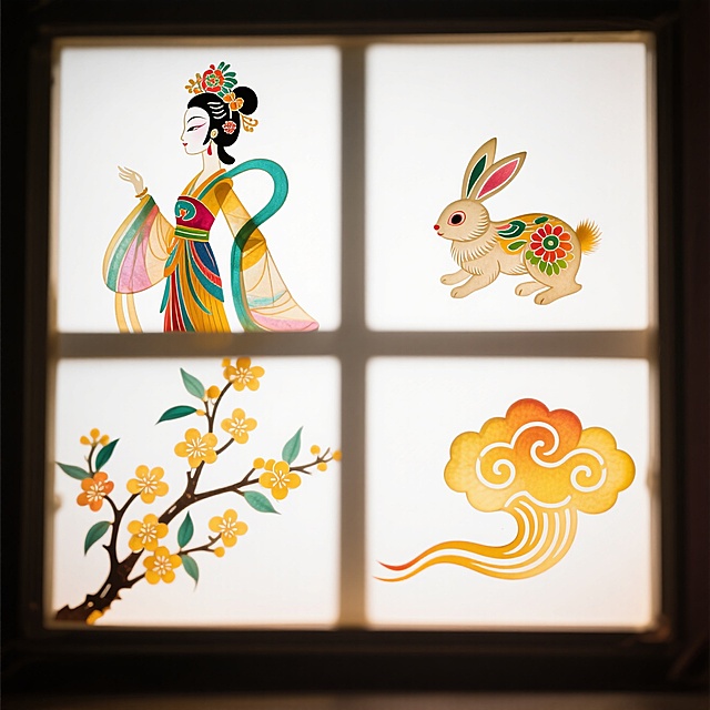 明亮鲜艳配色的素材（2X2规整排布）：1、嫦娥，2、小兔子，3、桂花，4、祥云。纯白色背景