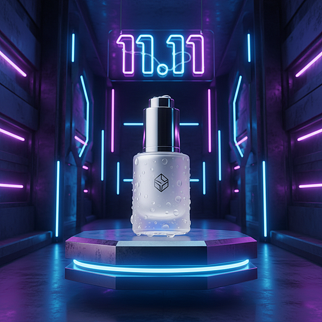 赛博朋克风3D场景，霓虹灯辉映的未来感隧道中，金属质感瓶身置于发光基座，光影交错，营造酷炫梦幻的双11虚拟现实氛围。