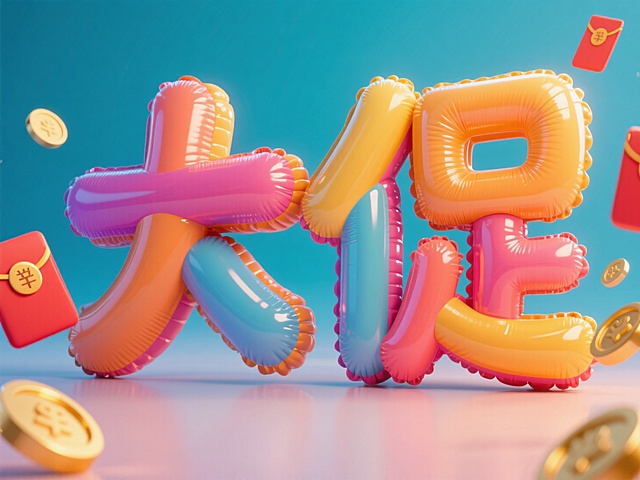 3D风格充气大字，色彩鲜艳，红包金币环绕，营造喜庆节日氛围。