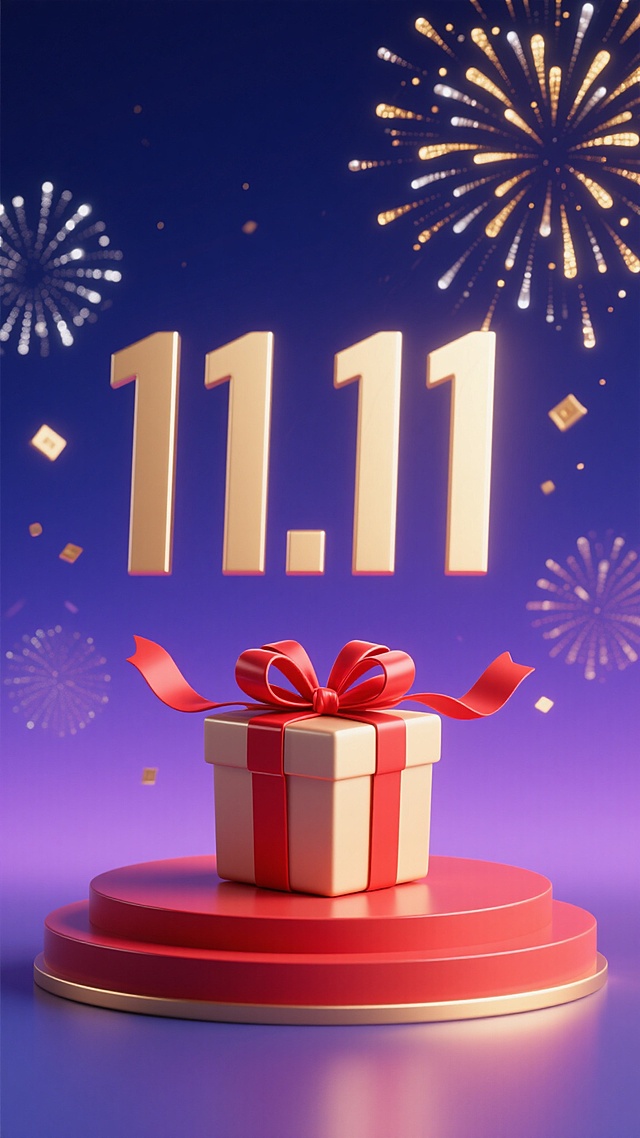 电商促销氛围的3D渲染海报，画面底部中央有一个带红色蝴蝶结和飘带的礼品盒置于红色展台之上，背景是渐变的深蓝色到紫色，点缀着金色和银色的烟花图案，整体光影柔和，高光集中在礼品盒和展台边缘，营造出喜庆、热闹的“11.11”购物节氛围，视觉层级清晰，信息传达直接，设计感现代简洁。