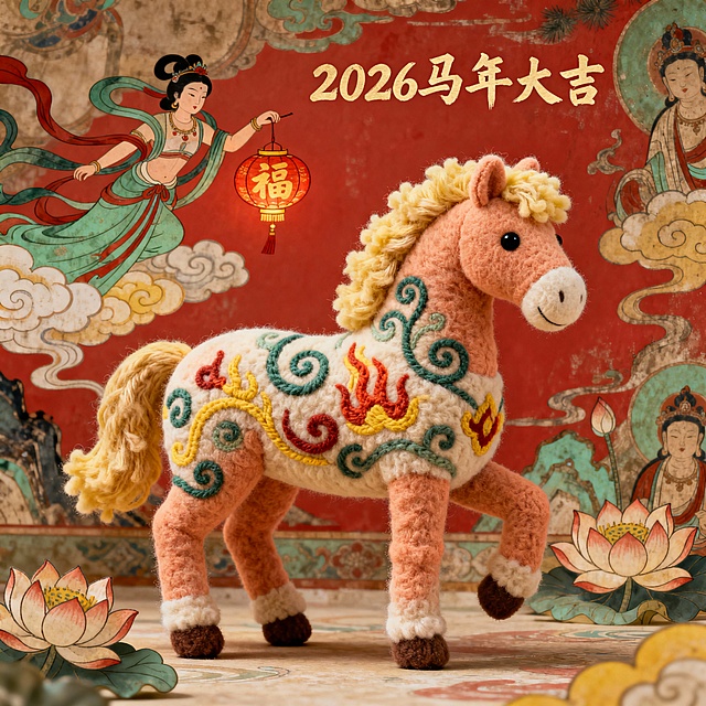 国潮风毛毡马，融合刺绣纹样与工笔飞天，喜庆复古中透出梦幻可爱，2026马年大吉。