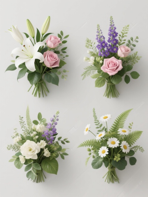 4个规整排布的花艺素材，每个素材均保持高清写实风格，展现不同造型样式的花草组合。花草包含白色百合、粉色玫瑰、紫色飞燕草、白色小雏菊、绿色蕨类植物及多种绿叶搭配，花朵形态饱满自然，花瓣纹理清晰，叶片色彩层次丰富，光影过渡柔和，立体感强。每个素材均采用纯色背景，无任何文字、logo及水印，整体构图均衡，呈现出清新雅致的自然美感。预览效果