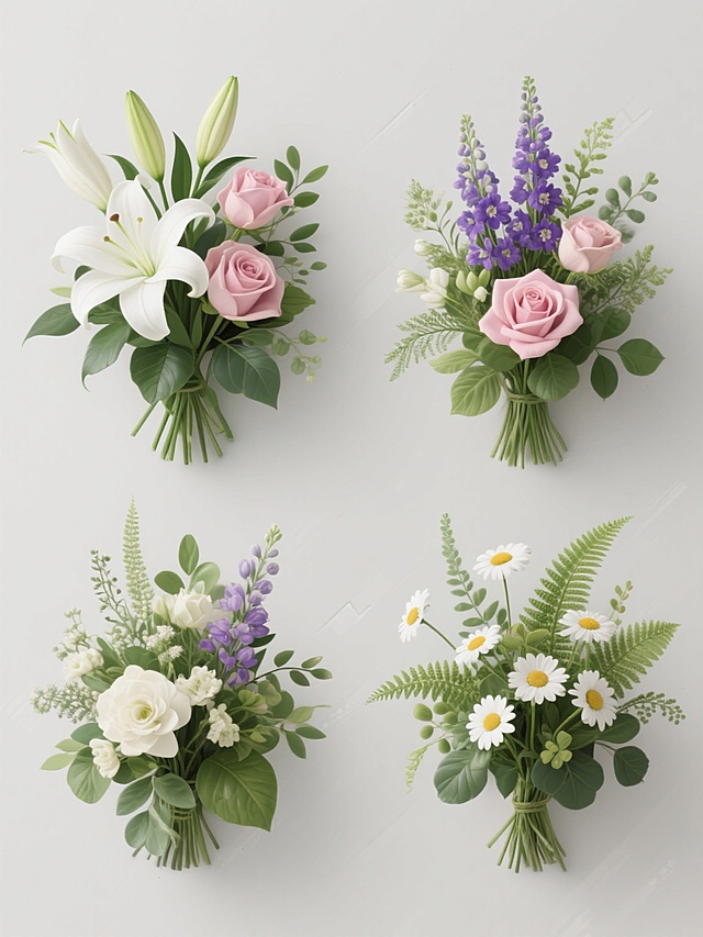 4个规整排布的花艺素材，每个素材均保持高清写实风格，展现不同造型样式的花草组合。花草包含白色百合、粉色玫瑰、紫色飞燕草、白色小雏菊、绿色蕨类植物及多种绿叶搭配，花朵形态饱满自然，花瓣纹理清晰，叶片色彩层次丰富，光影过渡柔和，立体感强。每个素材均采用纯色背景，无任何文字、logo及水印，整体构图均衡，呈现出清新雅致的自然美感。