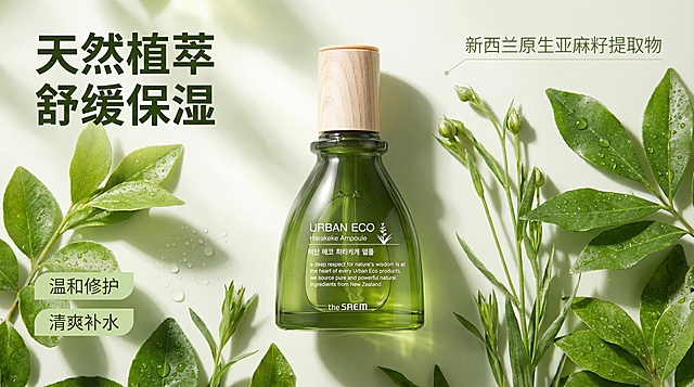 [垫图]用户上传图  [主图主题]得鲜亚麻籽保湿精华安瓶品牌首图  [氛围/风格]清新自然纯净植萃护肤风格，柔和自然光，高级静物摄影质感  [画面元素]绿色精华瓶居中摆放，瓶身外观和用户上传图片保持100%一致，背景是清新的自然绿植，柔和的晨间阳光透过叶片洒下斑驳光影，背景铺满全屏无边框，整体通透水润，突出瓶身的透光质感  [配色色系]主色调为清新自然绿，辅助色为浅原木色和柔和米白色  [视角构图]平视角，景深适中，产品主体占画面约60%，构图平衡  [文字版式]左上角主标题“天然植萃 舒缓保湿”，无衬线粗体，深绿色，右上角浅绿细字副标题“新西兰原生亚麻籽提取物”，底部左侧两个悬浮浅绿标签“温和修护”“清爽补水”，字体纤细浅色，所有文字不遮挡产品主体，保持呼吸感。  [比例分辨率]2k分辨率