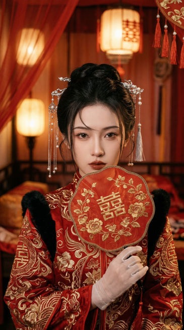 中国风风格，1位年轻东亚古风嫁衣少女，单人半身特写，人物手持团扇半遮面，视线看向画面正前方，面部居中；清冷狐系破碎感长相，流畅精致鹅蛋脸，面部软组织紧致，下颌线线条利落柔和，冷调瓷白肌，皮肤细腻通透、预览效果