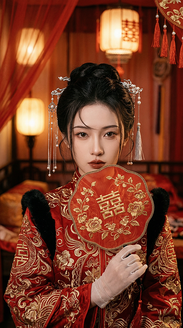 中式婚嫁主题，工笔风与刺绣风结合，红金配色尽显奢华喜庆，鎏金纹样点缀古典优雅，喜字团扇呼应节日氛围。