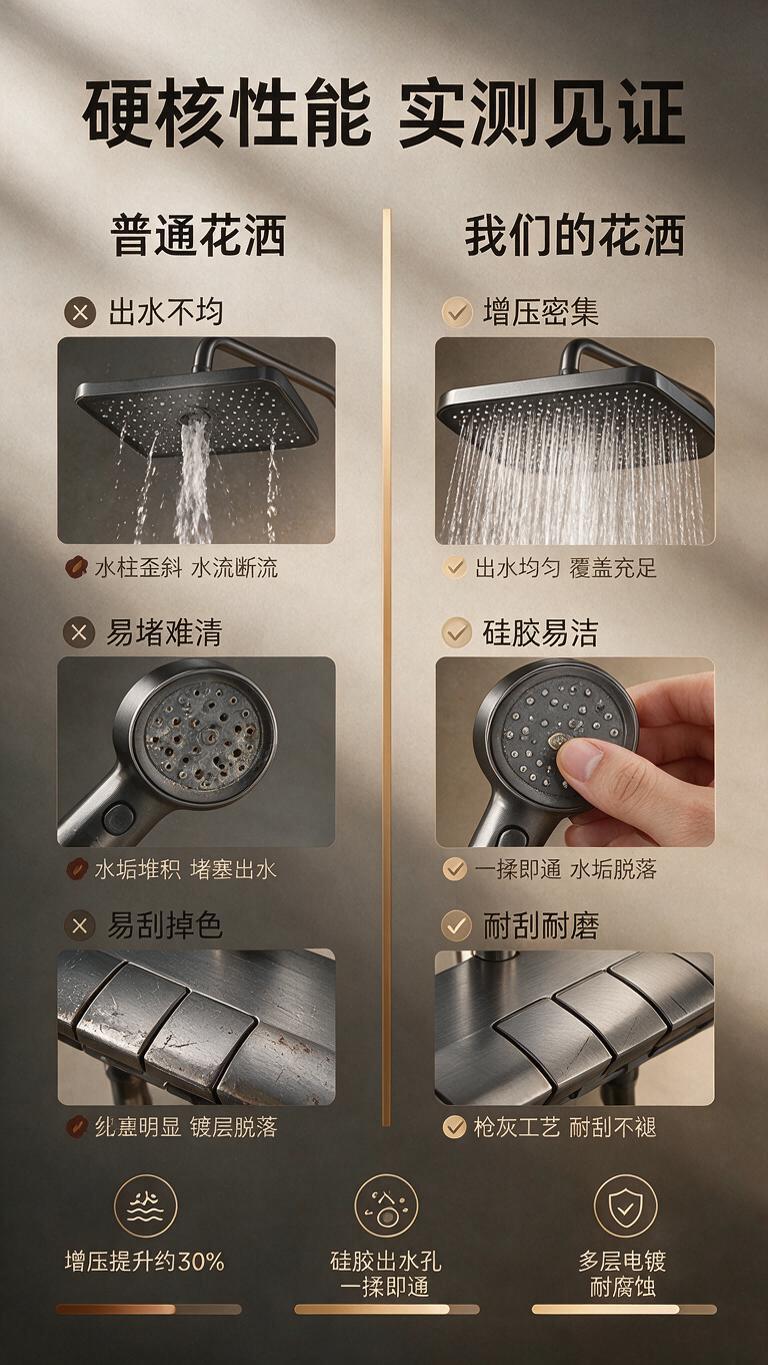 [商品] 使用【图1】枪灰色四功能淋浴花洒套装；重点展示顶喷出… - 图片创意预览