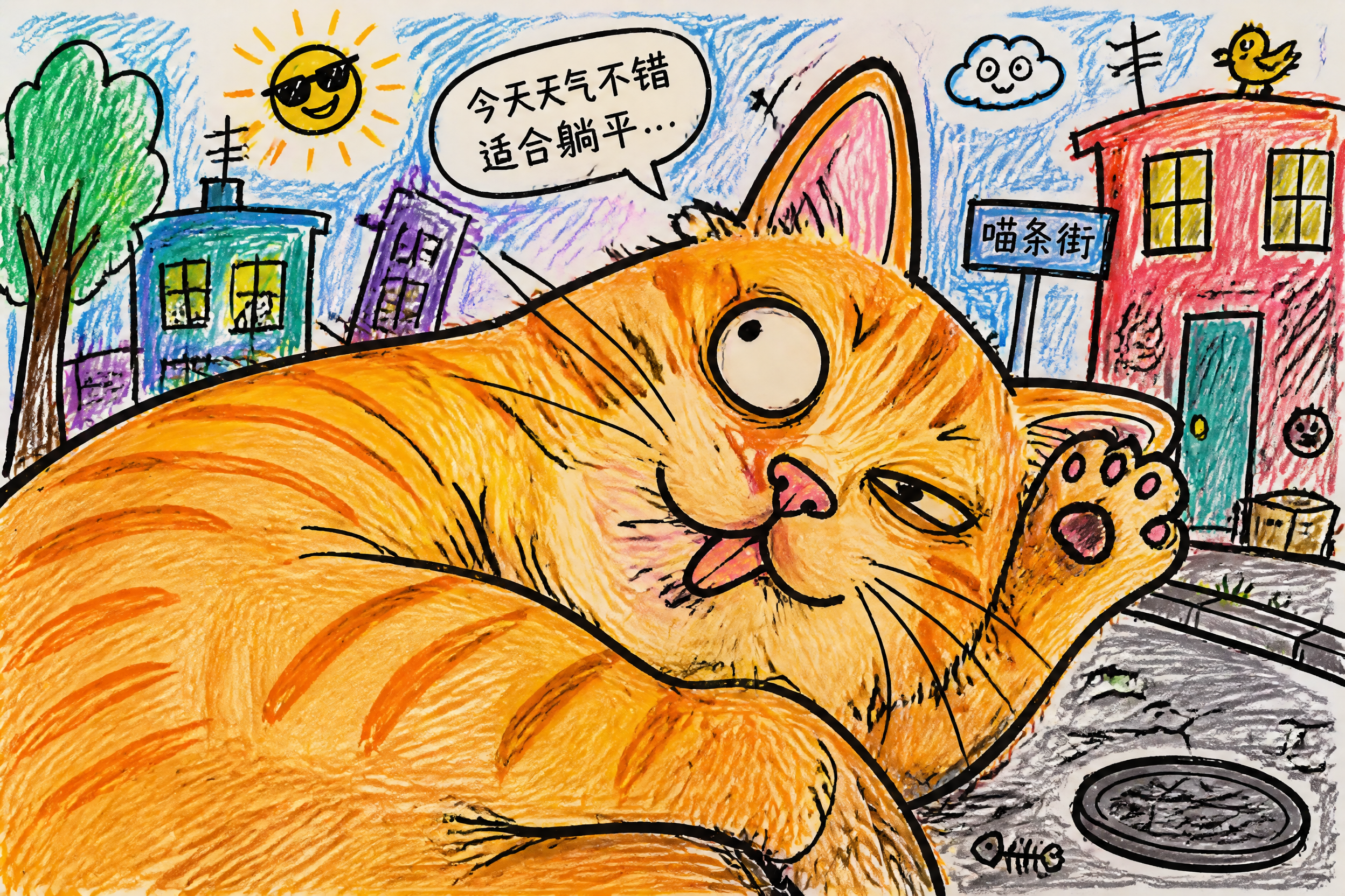 将这张橘猫照片转换为趣味丑萌的涂鸦画。使用廉价记号笔和蜡笔快速… - 图片创意预览