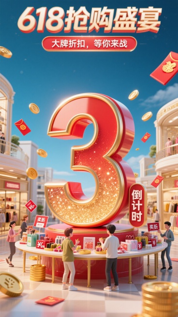 巨大的数字“3”在画面中间，红金渐变，带有闪亮效果。旁边是简单的“倒计时”。背景为豪华的购物厅，桌子上摆满了各种特卖商品和折扣标签。男生女生在前面抢购，旁边有金币、红包和优惠券。主标题"618抢购盛宴预览效果
