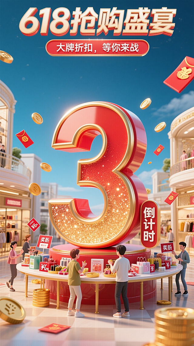 巨大的数字“3”在画面中间，红金渐变，带有闪亮效果。旁边是简单的“倒计时”。背景为豪华的购物厅，桌子上摆满了各种特卖商品和折扣标签。男生女生在前面抢购，旁边有金币、红包和优惠券。主标题"618抢购盛宴"，副标题"大牌折扣，等你来战“。