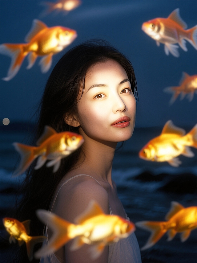 夜晚海边少女，环绕动态模糊的金鱼，金鱼发光，梦核暗调。脸部一束光，奶油肌，特写