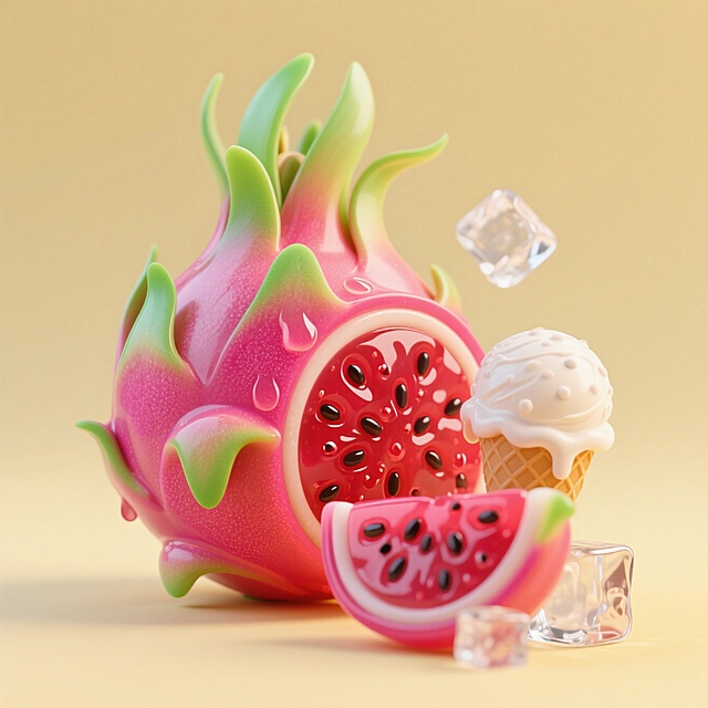 一个火龙果，分别有没切的和切开的，旁边有冰淇淋、冰块等小元素点缀，淡黄色背景