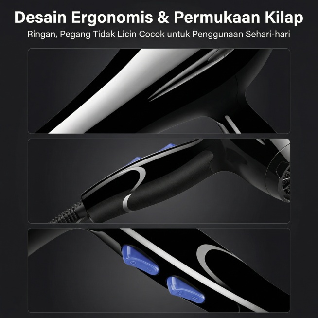 电商详情页细节特写图，1:1正方形，科技感简约设计，背景为深灰渐变，画面分三部分展示电吹风细节：高光机身特写、防滑手柄特写、蓝色按键特写，严格还原上传的黑色电吹风，包括黑色高光机身、蓝色按键，尺寸为2预览效果