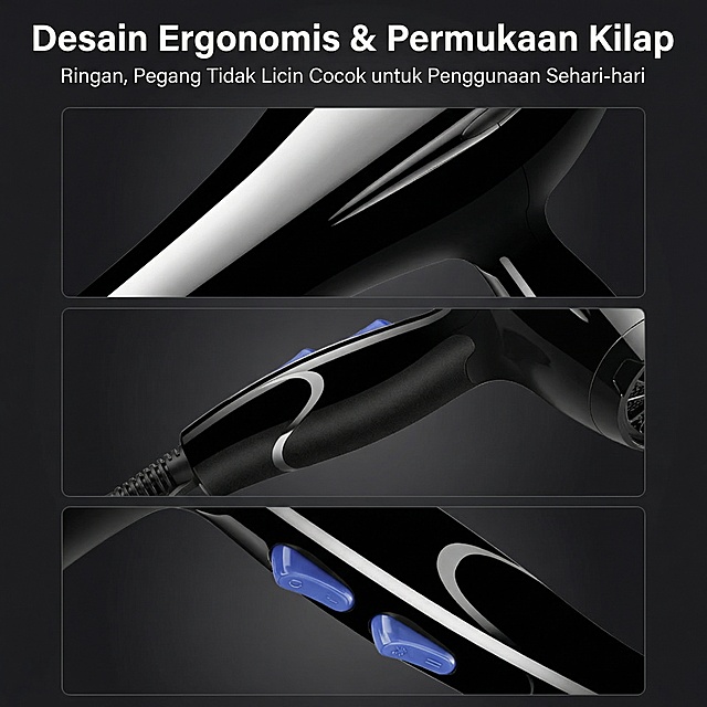 电商详情页细节特写图，1:1正方形，科技感简约设计，背景为深灰渐变，画面分三部分展示电吹风细节：高光机身特写、防滑手柄特写、蓝色按键特写，严格还原上传的黑色电吹风，包括黑色高光机身、蓝色按键，尺寸为24.5x28x4.5cm，1:1还原产品细节，画面上方放置加粗白色字体主标题"Desain Ergonomis & Permukaan Kilap"，主标题下方放置副标题"Ringan, Pegang Tidak Licin Cocok untuk Penggunaan Sehari-hari"，整体画面干净高级，突出质感，色彩对比强烈，细节清晰可见，让消费者直观感受产品品质。负面提示词：模糊、产品变形、细节丢失、色彩暗淡、低分辨率、多余装饰、文字错位、手柄质感差