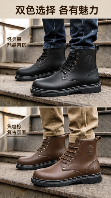 [第5屏] 跃步男鞋上脚效果，对比展示黑色和棕色两款马丁靴穿搭。本屏使用【图6】作为黑色上脚参考，【图5】作为棕色场景参考。
[氛围/风格] 真实穿搭对比，自然户外场景，商业质感街拍。
[元素布局]预览效果