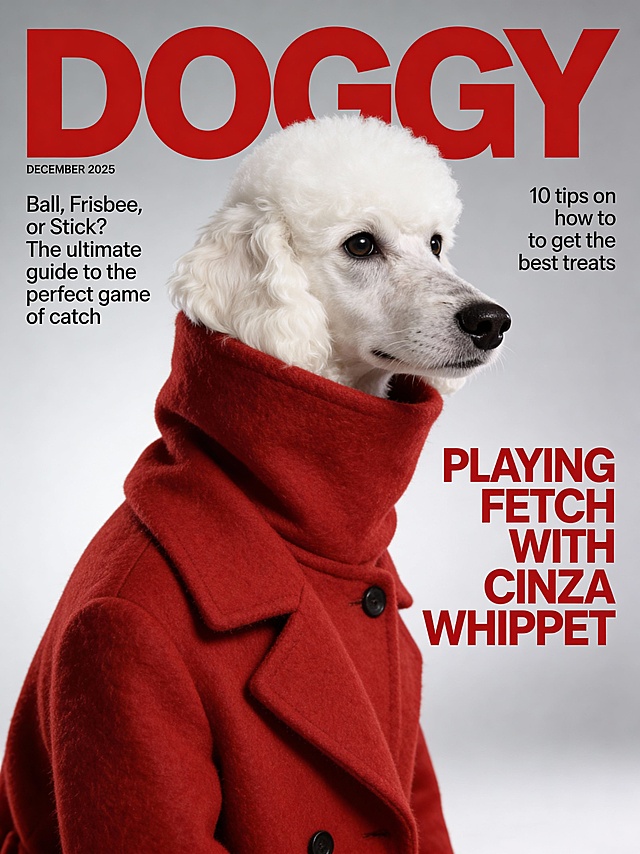 参考图中宠物身着一件蓝色毛呢高领大衣，领口贴合宠物颈部，呈侧脸姿态，头部从领口露出，眼神平静地看向画面一边，表情忧郁。纯色浅灰色简洁背景。主色调为红、浅灰、白色。上方搭配杂志封面标题和文案，整体色调高级简洁，色彩对比鲜明。特写构图，宠物占据画面核心区域，拍摄视角为平视略偏侧的特写角度。