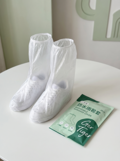 一次性防水雨靴套实拍展示图，比例3:4。实景拍摄摆拍，白色桌面放置一双展开的透明雨靴套，旁边放着独立包装袋，整体场景干净自然，柔和自然光，真实实拍质感，突出产品真实样貌和包装，保持产品外观和输入图片一预览效果