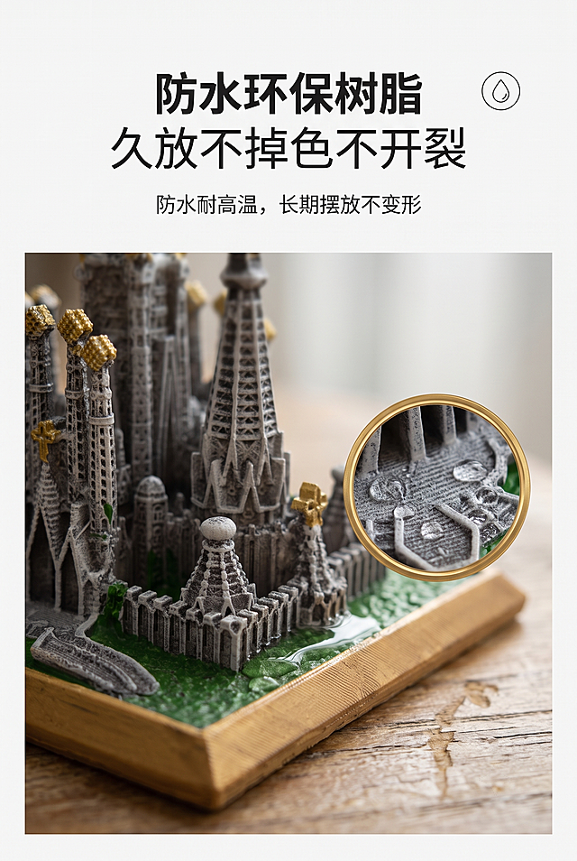 第 4 屏｜材质卖点・防水耐晒树脂
主标题：防水环保树脂；
副标题：久放不掉色不开裂；
2:3 竖版竖屏，欧式轻奢高级质感商业静物杂志摄影；情绪基调：静谧、艺术、复古、精致；严格还原圣家堂摆件全部外观：石灰灰哥特镂空塔楼、塔顶仿古鎏金、仿真绿色草坪、原木底座，底座刻印英文 Spain‑Sagrada Familia 全部细节；产品尺寸：底座 10.5cm×10.5cm，摆件整体高度 10.5cm，尺寸比例 1:1 还原；产品复杂结构判定：true，可拆解多座塔楼、镂空雕刻、鎏金装饰、基座草坪结构；【本屏卖点】展示重点：基座树脂表层微距特写，可视化防水耐磨特性；突出卖点：一体浇筑成型，耐高温抗晒防水；痛点场景：车载摆件经过暴晒后褪色、开裂；产品出现：是，基座材质微距特写视角；图中图元素：右下角鎏金圆角材质放大插图；【构图】材质特写占比 50%，上下分层竖版杂志构图，边缘留白 22%；信息布局：画面上半区居中放置主副标题，侧边水滴图标，下方说明文字：防水耐高温，长期摆放不变形；背景元素：纯色 #F5F5F5 浅灰白底色；【字体】标题思源黑体 Bold，正文思源黑体 Regular，字号层级主标题：副标题：正文 = 3:1.8:1；【光影摄影】光线：柔和分层漫射自然光，建筑轮廓柔和侧逆光；景深：f/1.8 极浅景深，聚焦树脂肌理；相机参数：f/1.8，1/125s，ISO100；光影特效：鎏金细腻金属光泽、仿石哑光树脂肌理；【装饰元素】水滴 2px 细线性圆角图标；图标风格：2px 细线性圆角简约图标；4K 高清，专业商业广告超写实质感，整套画面风格统一无割裂
负面提示词：树脂表面反光泛白，肌理细节丢失，廉价塑料质感，画面过曝，漆面出现杂色瑕疵。