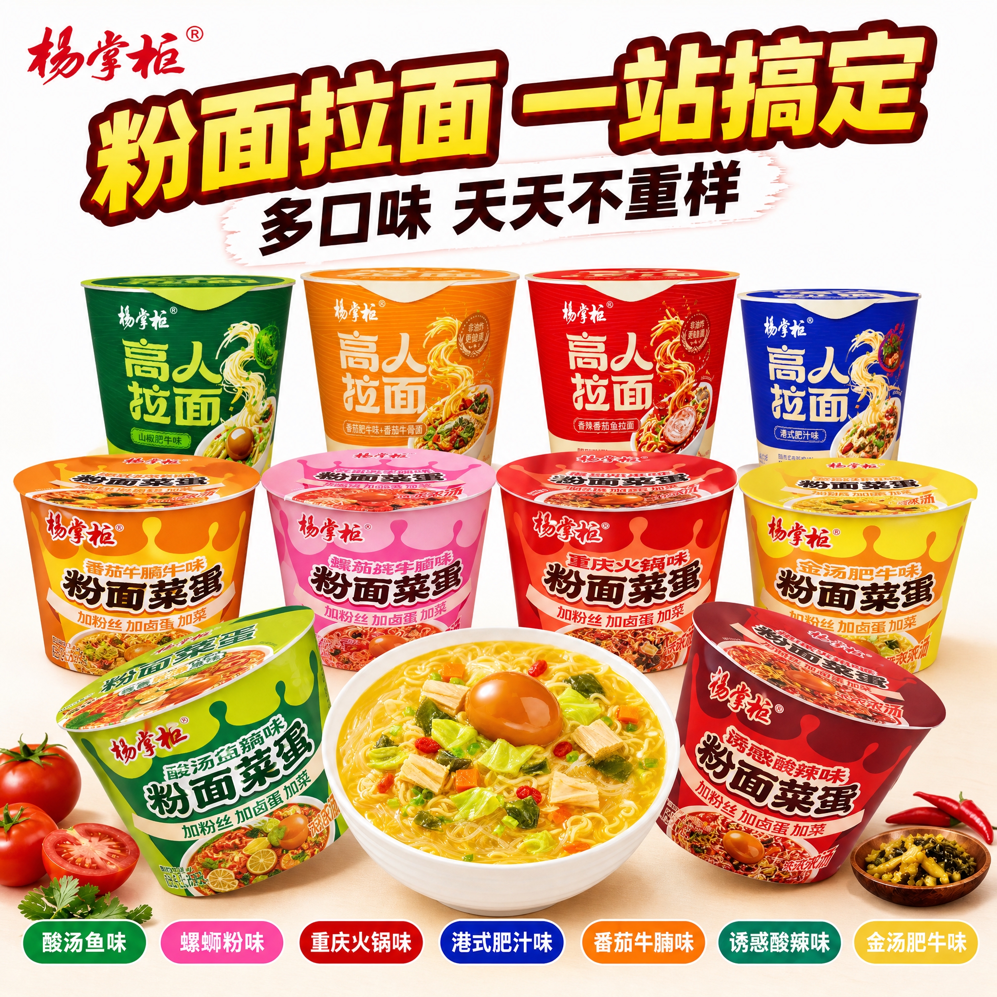 [单张主图] 杨掌柜粉面拉面多口味组合电商主图，爆款促销感路线… - 图片创意预览