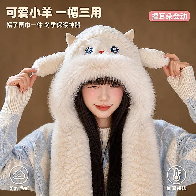 [主图-1] 可爱小羊毛绒帽子围巾一体帽正面上头展示首图。
[氛围风格] 甜美少女风，温暖治愈，冬日氛围感，1688电商主图质感；
[画质] 商业摄影质感、光线柔和通透、产品清晰真实、画面干净高级，毛绒根根分明。
[元素] 一位年轻东亚女性模特，皮肤白皙，妆容精致甜美，黑长直齐刘海发型，身穿浅蓝米白拼色菱格纹毛衣。模特头戴米白色小羊造型毛绒帽子围巾一体帽，正面朝向镜头，双手轻轻捏住两侧小羊耳朵，俏皮眨眼wink表情，展示帽子整体造型与上头效果。帽子完整呈现：顶部两只米色小羊角、两侧毛绒羊耳朵、正面卡通羊脸刺绣（蓝色大眼睛红色小鼻子）、帽檐一圈蓬松白色长毛绒、下方连接同材质毛绒围巾。背景为暖咖色纯色肌理墙面，简洁干净突出主体。保持帽子外观（即物理结构、材质质感、颜色、刺绣图案）与输入产品图保持绝对一致，杜绝任何变形和色差，精细化处理。商品主体占比约70%，画面满屏无边框，人物头部不顶边，帽子完整不裁切。画面禁止出现多余的手、多余的手指、畸形手、融合手指、手部扭曲、肢体穿模、人物面部扭曲、关节反折。
[光影] 柔和暖调正面主光，两侧辅光提亮毛绒质感，顶光勾勒帽顶轮廓，光线均匀通透，毛绒有自然蓬松光泽，阴影柔和不生硬，整体温暖治愈。
[配色] 主色调米白色（帽子毛绒）；辅色暖咖色（背景）、浅蓝米白（毛衣）；强调色淡粉色（腮红）。
[视角构图] 正面平视，胸部以上近景构图，包含完整肩部；景深较浅，背景虚化突出帽子与人物面部，视觉中心在帽子造型。
[文字版式] 左上负空间左对齐，主标题大字"可爱小羊 一帽三用"，米白色粗体圆润字体；下方小字副标题"帽子围巾一体 冬季保暖神器"，字号约为标题的一半，同色系略浅。右上圆角小标签"捏耳朵会动"，粉色底白字。底部左侧小图标+文字"柔软毛绒"，右侧"加厚保暖"。文字不遮挡帽子主体与人脸。
[输出要求] 1:1比例，文字清晰锐利，画面超高清商业摄影质感。
[负向提示词] 变形，文字错乱，产品图模糊，背景杂乱，水印，电商平台Logo，多余手指，手部畸形，面部扭曲。