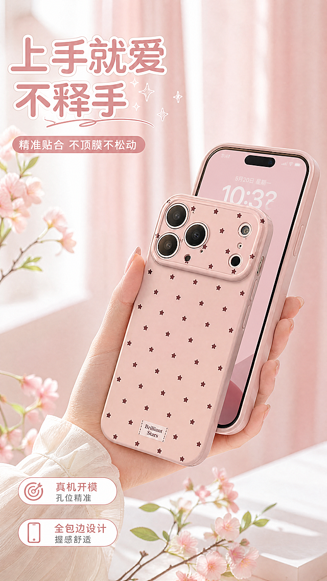 [第5屏] 使用展示-ins风满印星星手机壳手持上机效果展示。本屏使用【图1】中的樱花粉色手机壳作为主体，套在手机上由女生手持展示，保持壳子外观特征一致。
[氛围/风格] 清新甜系生活感，自然手持抓拍，ins风日常感，商业摄影质感。
[元素布局] 画面中央偏右为一只女生的手握着套上粉色星星手机壳的手机，手机屏幕微微亮起显示时间；左侧留白放文案；背景为浅粉色窗帘柔焦，前景有几枝樱花枝条点缀；手机壳的颜色、图案、镜头开孔、底部标签与原图完全一致，展示壳子与手机的贴合度。
[光影质感] 窗边自然光，柔和侧光，手部和壳身有自然光影，亮面壳身高光细腻。
[配色色系] 全局底色 #FDEEF0（浅樱花粉）；主色樱花粉；辅助色白色、浅绿、肤色。
[视角构图] 45°斜侧手持视角，产品偏右，阅读动线左侧标题 → 右侧手持产品 → 底部贴合度说明。
[文字版式] 左上主标题「上手就爱不释手」，副标题「精准贴合 不顶膜不松动」，圆润软萌字体；底部小字标注「真机开模 孔位精准」「全包边设计 握感舒适」；文字不遮挡手部和产品。
[比例分辨率] 9:16竖版比例，4K分辨率，文字清晰可辨，高清画质。
[负向提示词] 壳身变形，颜色偏差，水印，文字错乱，手部畸形，手机比例失调，贴合度失真。