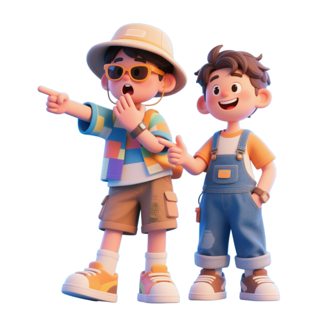 3D卡通渲染，两个年轻人，全身，（一个戴著漁夫帽，穿著時尚休閒裝，太陽鏡，表情惊喜，一只手捂嘴惊喜，一只手朝前指），（一个穿著短袖背带裤，开心的表情，看着手指的方向），蓝色背景，高飽和度和鮮豔的色彩，预览效果