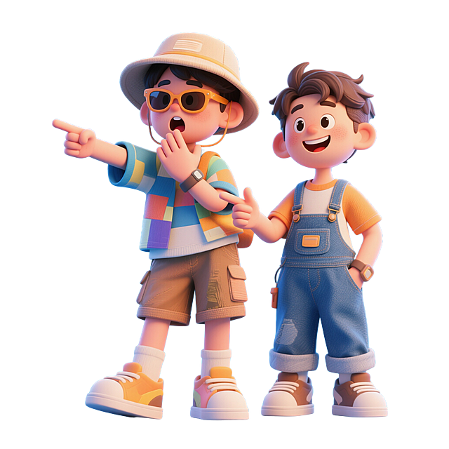 软3D风卡通设计，可爱男孩互动场景，色彩鲜艳，童趣盎然。