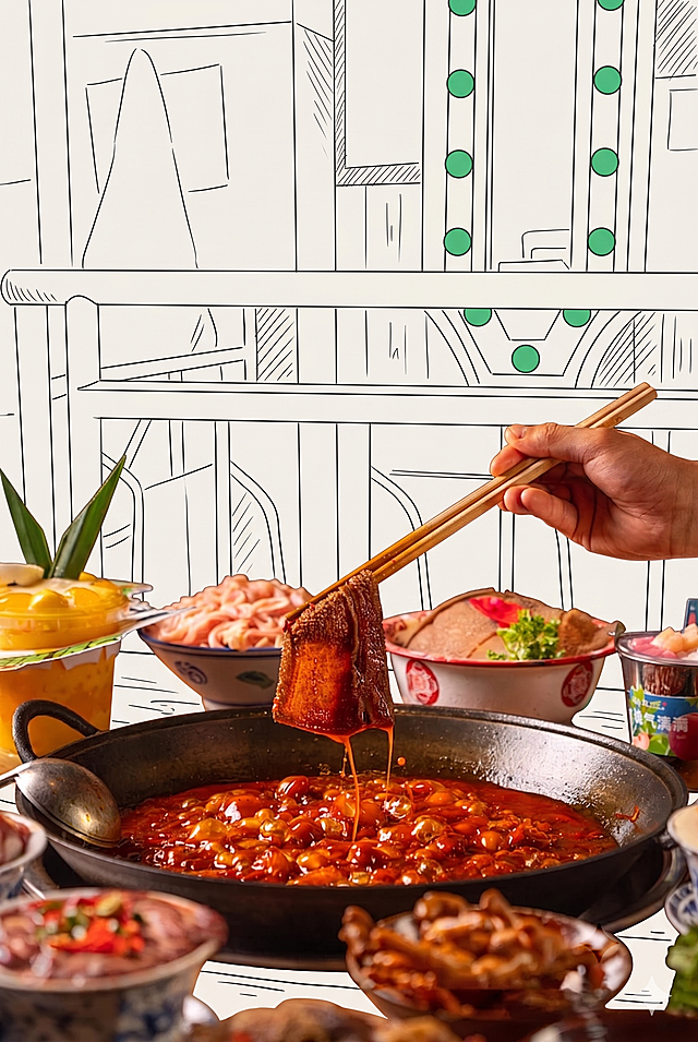 保持图片中的人物手和所有食物菜品不变，将图片中除人物和食物外的所有背景元素修改为简笔画风格
