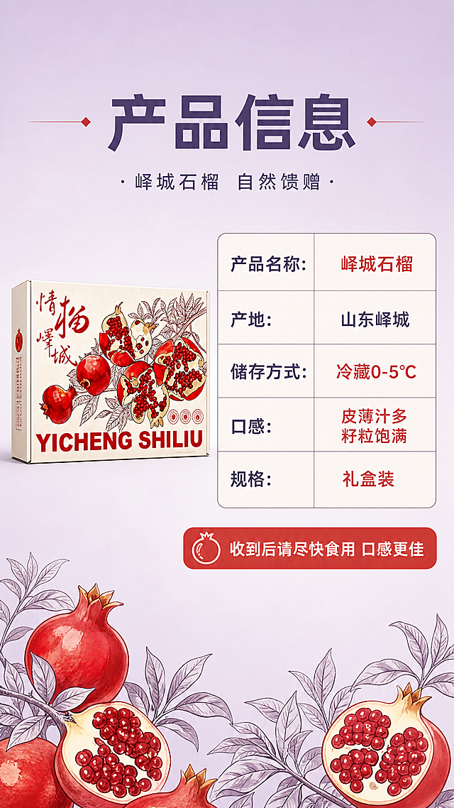 [第8张] 规格信息页-产品参数与储存方式。本张使用【图2】作为产品小图参考。
[氛围/风格] 清晰信息风，干净规整，参数表样式。
[元素布局] 画面左侧为石榴礼盒小图，占比约30%；右侧为规格参数信息区；背景为浅紫色渐变，底部有装饰性的石榴枝叶手绘图案。
[光影质感] 均匀柔光，产品小图清晰，整体干净明亮。
[配色色系] 全局底色 #E8E0F0 浅紫；主色深紫灰 #5A4B7A；辅助色石榴红 #C83C3C、米白 #FAF7F2。
[视角构图] 左图右文的左右分栏布局，阅读动线从左至右。
[文字版式] 顶部主标题「产品信息」；右侧参数表采用两列布局，左列参数名右列参数值，内容包括：「产品名称：峄城石榴」「产地：山东峄城」「储存方式：冷藏0-5℃」「口感：皮薄汁多 籽粒饱满」「规格：礼盒装」；底部圆角提示条「收到后请尽快食用 口感更佳」；字体统一为圆角黑体，字色深紫灰，重要信息用石榴红标注。
[比例分辨率] 9:16 竖版比例，4K分辨率，文字清晰可辨，高清画质。
[负向提示词] 文字错乱，文字过小，水印，产品变形，颜色偏差，背景杂乱。