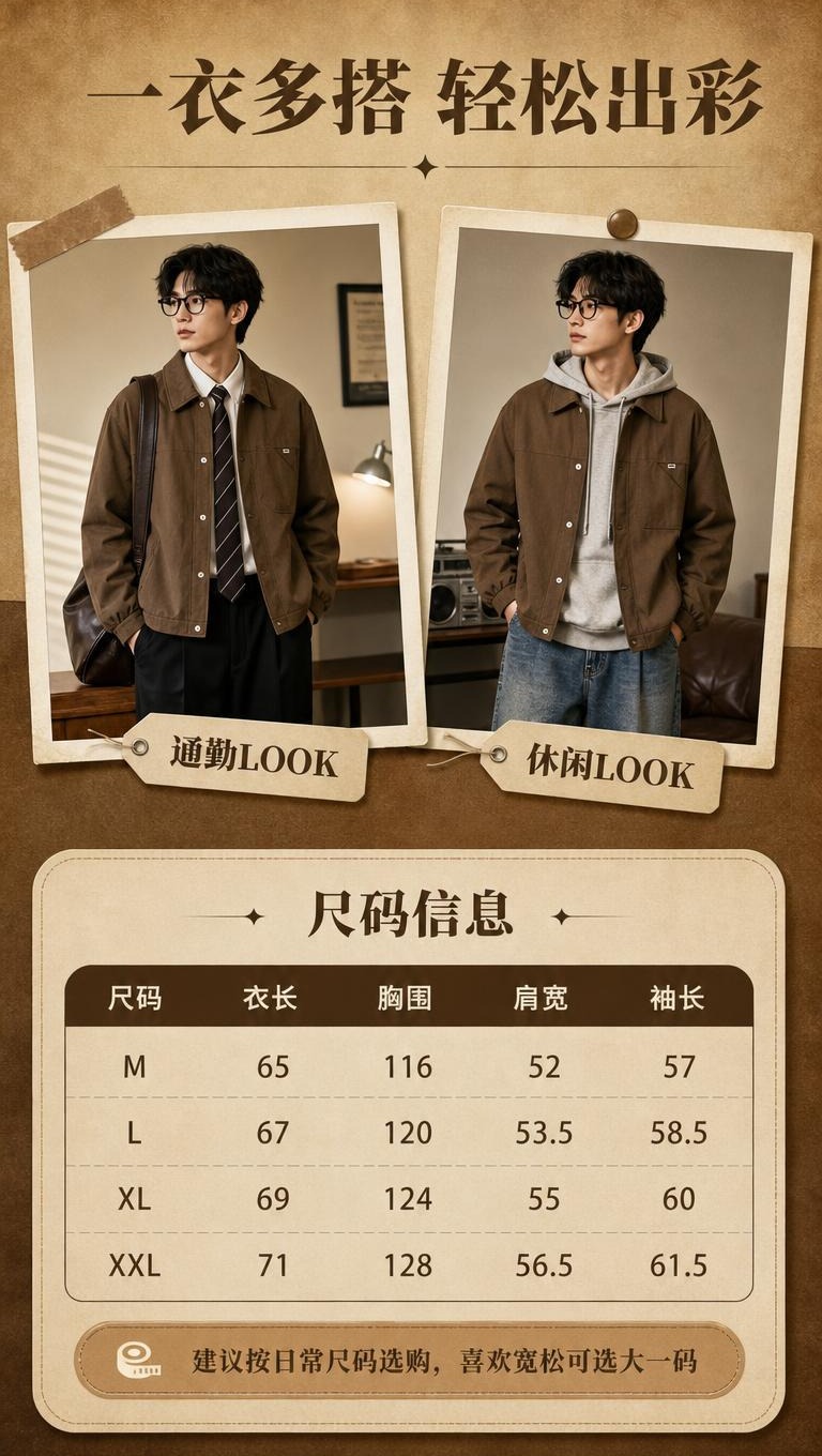 [商品] 使用【图1】棕色翻领短款夹克；商品处理：保留翻领、单… - 图片创意预览