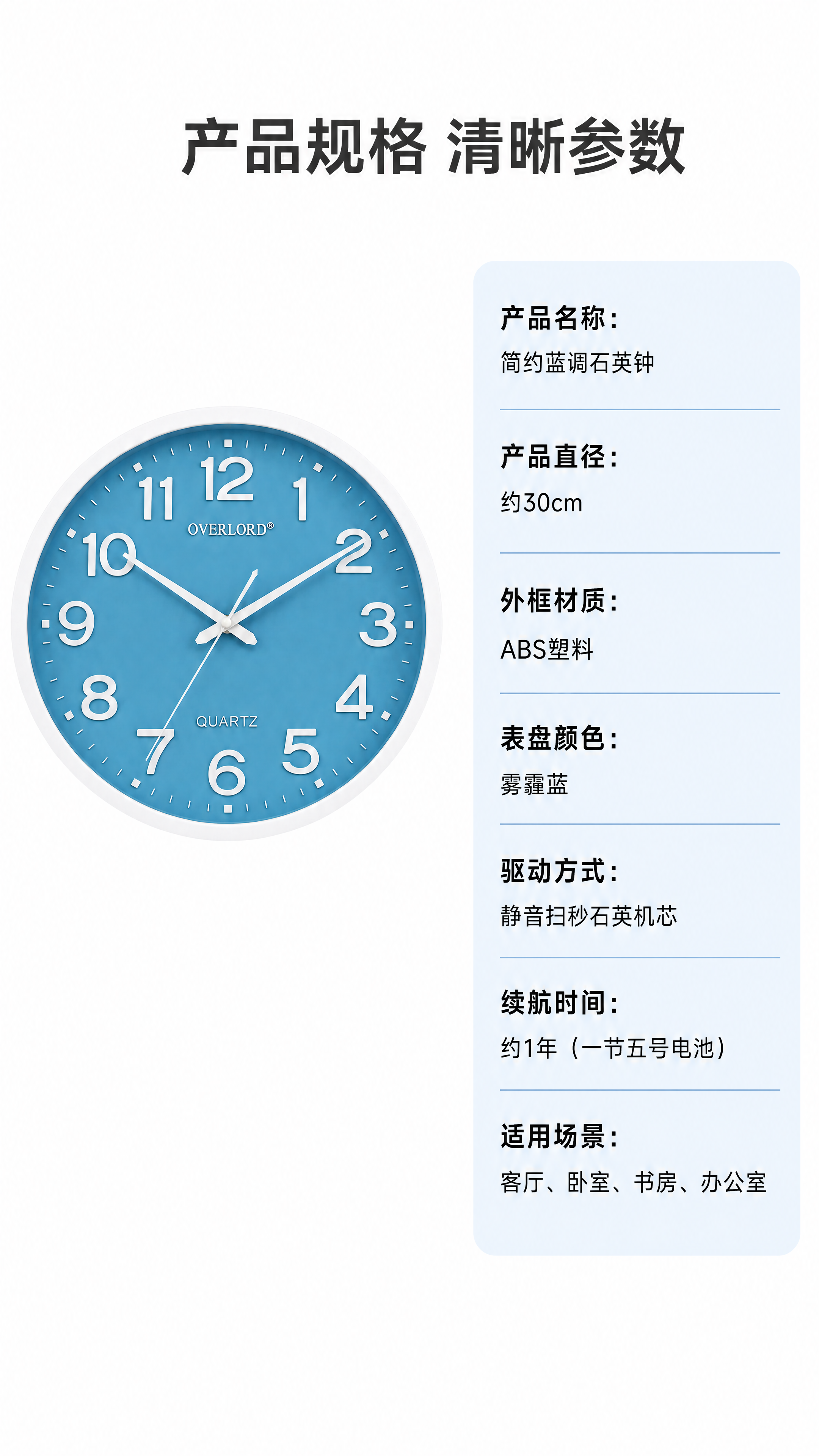 [第7屏] 产品规格参数卡，简约蓝调石英挂钟参数信息卡。用【图… - 图片创意预览