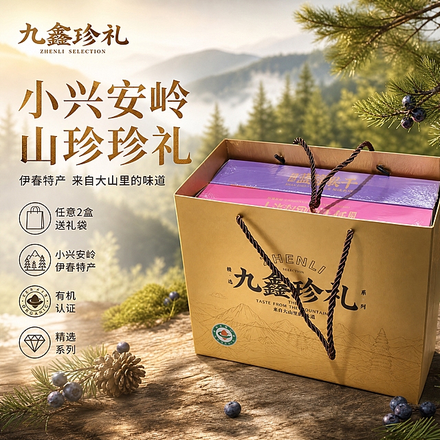 [单张主图] 九鑫珍礼山珍干货礼盒 高级氛围感品质礼盒主图 同时承担点击理解信任转化四个任务
[画面主体] 画面主体为金色手提礼盒装山珍干货，礼盒正面印有"九鑫珍礼"四个大字，上方有"ZHENLI SELECTION"英文，下方有"来自大山里的味道"小字，礼盒为金色哑光质感，配有深棕色编织手提绳；礼盒内露出两盒不同颜色的干货包装盒（紫色和粉色各一盒）；礼盒整体外观、颜色、结构、文字排版、Logo位置必须与输入产品图完全一致，不得变形或更改设计；礼盒主体占画面约50%，位于画面中右侧，略微倾斜摆放，正面朝向观众
[构图版式] 采用左文右物场景型高级氛围感版式；左侧约40%区域为文字留白区，右侧约60%为产品主体区；标题位于左上区域，副文案在主标题下方，4个轻图标卖点纵向排列在左侧下方，产品置于右侧自然场景中
[场景元素] 背景为小兴安岭原始森林山野氛围，远处有朦胧的山林轮廓和柔和的晨雾，中景有绿色松树针叶和野生浆果作为点缀，前景为浅木色台面承托礼盒；周围散落几颗野生蓝莓和松果、松针，增加东北林区产地感；整体营造大山深处原生态的纯净自然氛围；背景做浅景深虚化处理，突出礼盒主体
[文案版式] 左上角放置品牌标识"九鑫珍礼"，字体与礼盒上一致；主标题为"小兴安岭 山珍珍礼"，大号宋体风格字体，深金色，分两行排列；副文案为"伊春特产 来自大山里的味道"，中号细黑体，深棕色，在主标题下方；左侧下方排列4个圆形线稿图标卖点，分别是："任意2盒送礼袋""小兴安岭伊春特产""有机认证""精选系列"，每个图标配简短文字说明；所有文字清晰可读，不遮挡产品主体
[光影质感] 自然柔光从左上方斜射，形成柔和的明暗过渡；礼盒表面有细腻的金色哑光反光，手提绳有自然阴影；整体光影柔和温暖，有清晨山林的通透感；产品底部有自然接触阴影，不悬浮；画面有轻微的空气透视感，远处山林朦胧
[配色字体] 主色调为深金色、墨绿色、原木色；辅助色为深棕色、浅米色、松针绿；强调色为野生浆果的蓝紫色；主标题使用宋体风格粗体，副文案使用细黑体，图标说明使用小号黑体；整体配色高级自然，传递品质礼盒感和东北山林特产的珍贵感
[比例分辨率] 1:1正方形比例，2K分辨率，文字清晰可辨，产品细节锐利
[负向提示词] 禁止变形、禁止错字糊字、禁止水印、禁止伪Logo、禁止主体遮挡、禁止背景杂乱、禁止低清晰度、禁止错误结构、禁止悬浮穿模、禁止人物出现、禁止促销爆炸贴、禁止夸张色彩