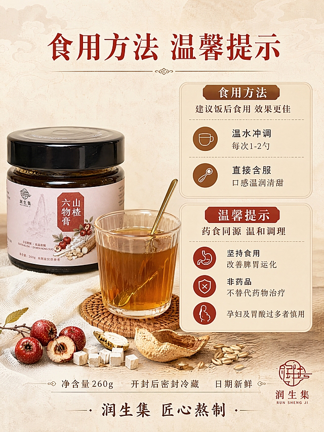 [第8张] 食用方法与温馨提示-信任收尾页。本张使用【图3】单瓶作为左侧商品主体 【图4】膏体舀起作为冲调参考。
[氛围/风格] 中式温润国风 温馨信任感 暖米杏色底 清晰实用 收尾转化。
[元素布局] 画面左侧放置产品瓶身 占比约35% 瓶身完整清晰 旁边有一杯冲调好的膏方饮品 温水冲泡呈淡琥珀色 杯中有小勺 杯壁有通透感 右侧为食用方法与注意事项信息区 分上下两部分 上半部分食用方法 下半部分温馨提示 底部有散放的山楂 陈皮 茯苓等原料装饰 背景为浅米色宣纸纹理 有淡淡的云纹底纹 右下角有品牌印章式Logo。
[光影质感] 柔和自然光 杯壁有通透感 膏体饮品有光泽 产品瓶身有自然高光 整体温暖明亮 信任感强。
[配色色系] 全局底色 #F5EDE0 暖米杏色 信息区用浅米色卡片底 深棕文字 重点提示用朱红色 产品真实原色。
[视角构图] 正面平视 左产品右信息 阅读动线顶部标题 → 左侧产品+冲调杯 → 右侧方法提示。
[文字版式] 顶部居中主标题「食用方法 温馨提示」粗宋体 朱红色 右侧上半部分 食用方法 标题粗宋 建议饭后食用 效果更佳 下方两条 温水冲调 每次1-2勺 直接含服 口感温润清甜 右侧下半部分 温馨提示 标题粗宋 药食同源 温和调理 下方三条 坚持食用 改善脾胃运化 非药品 不替代药物治疗 孕妇及胃酸过多者慎用 底部一行小字 净含量260g 开封后密封冷藏 日期新鲜 底部中央「润生集 匠心熬制」品牌落款 全套统一字体风格。
[比例分辨率] 3:4 竖版比例 4K 分辨率 文字清晰可辨 高清画质。
[负向提示词] 产品变形 杯体不真实 医疗承诺 水印 文字错乱 背景杂乱。