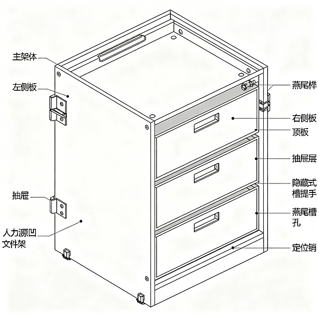 一个模块化抽屉式人力资源用文件架单元的立体结构示意图，包含主架体，主架体有左侧板、右侧板、顶板、底板，内部有三个抽屉层，每个抽屉层安装抽屉，顶板有隐藏式凹槽提手，左侧板有燕尾槽，右侧板有燕尾榫，顶板有定位销孔，底板有定位销，工业设计风格，线条清晰，标注关键部件
