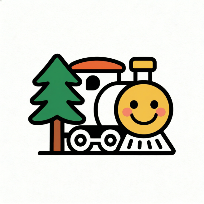 小火车logo设计填色完成阶段：为线稿填充对应颜色，火车头黄色、车厢白色、顶部橙色、烟囱黄色、轮子白色、松树绿色、树干棕色、笑脸腮红粉色，颜色平整均匀，呈现最终完成的logo效果，背景为白色预览效果
