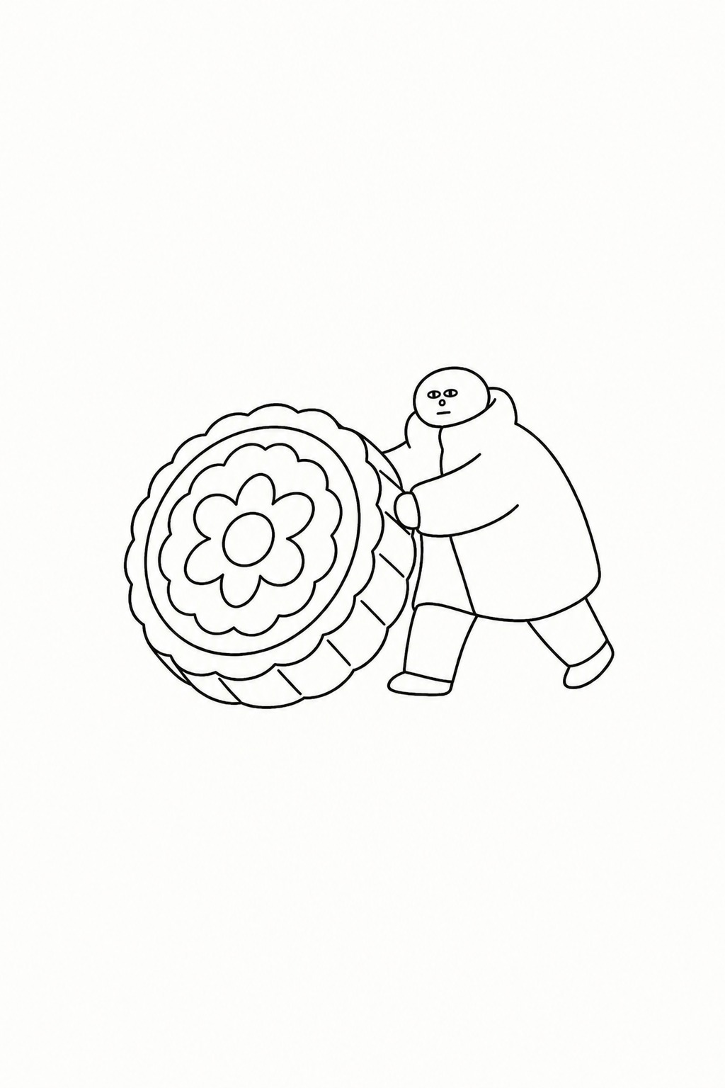 参考图中的极简黑白线条手绘风格，一个穿着厚重大衣的圆润小人正在… - 图片创意预览
