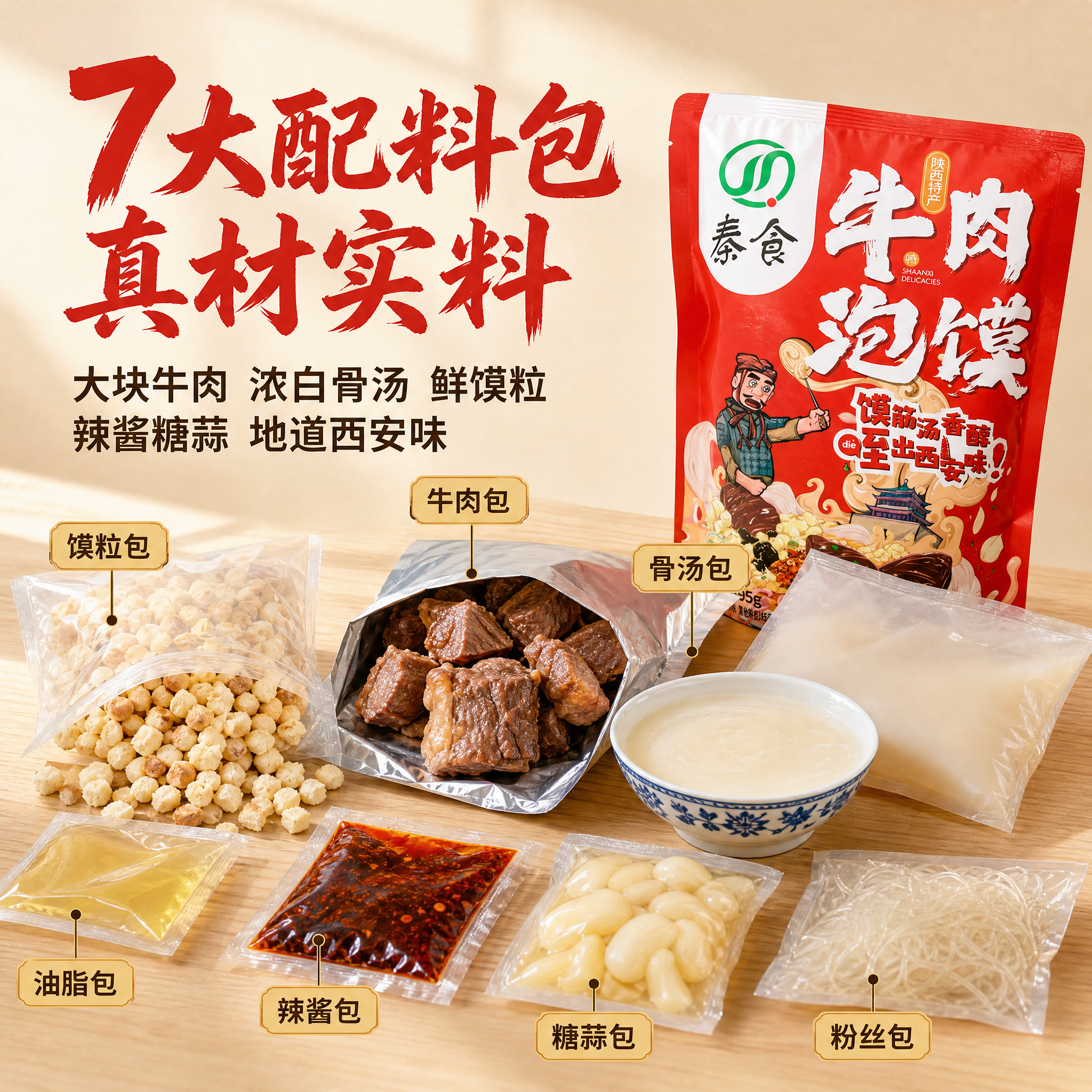 [主图-2] 秦食牛肉泡馍 核心卖点 真材实料 六大料包展示。… - 图片创意预览