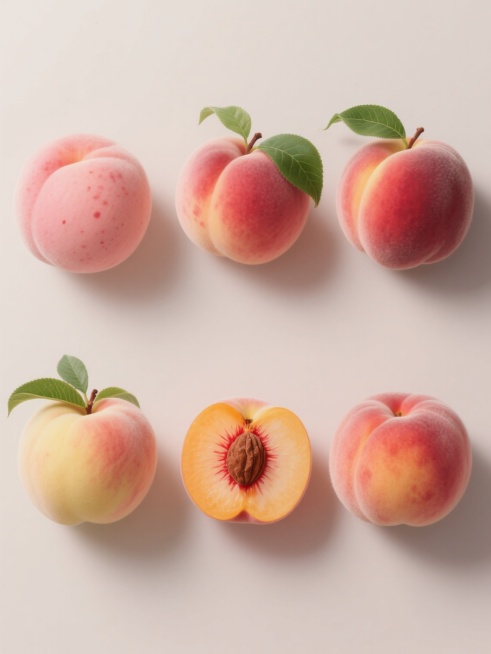 六个不同样式的桃子造型，上下两行各三个对齐排列，浅色背景。每个桃子均采用超写实主义风格绘制，具有高度细腻的细节和逼真的质感，展现出桃子特有的绒毛感和光滑果皮。桃子颜色从底部的淡黄色渐变到顶部的粉红色和深红色，带有自然的红晕和斑点。部分桃子带有翠绿的叶子，叶子有清晰的叶脉和自然的弯曲形态。其中一个桃子被切开，露出内部橙黄色的果肉和棕色的果核，果肉纹理清晰可见，果核周围有红色的放射状纹路。整体光影……预览效果