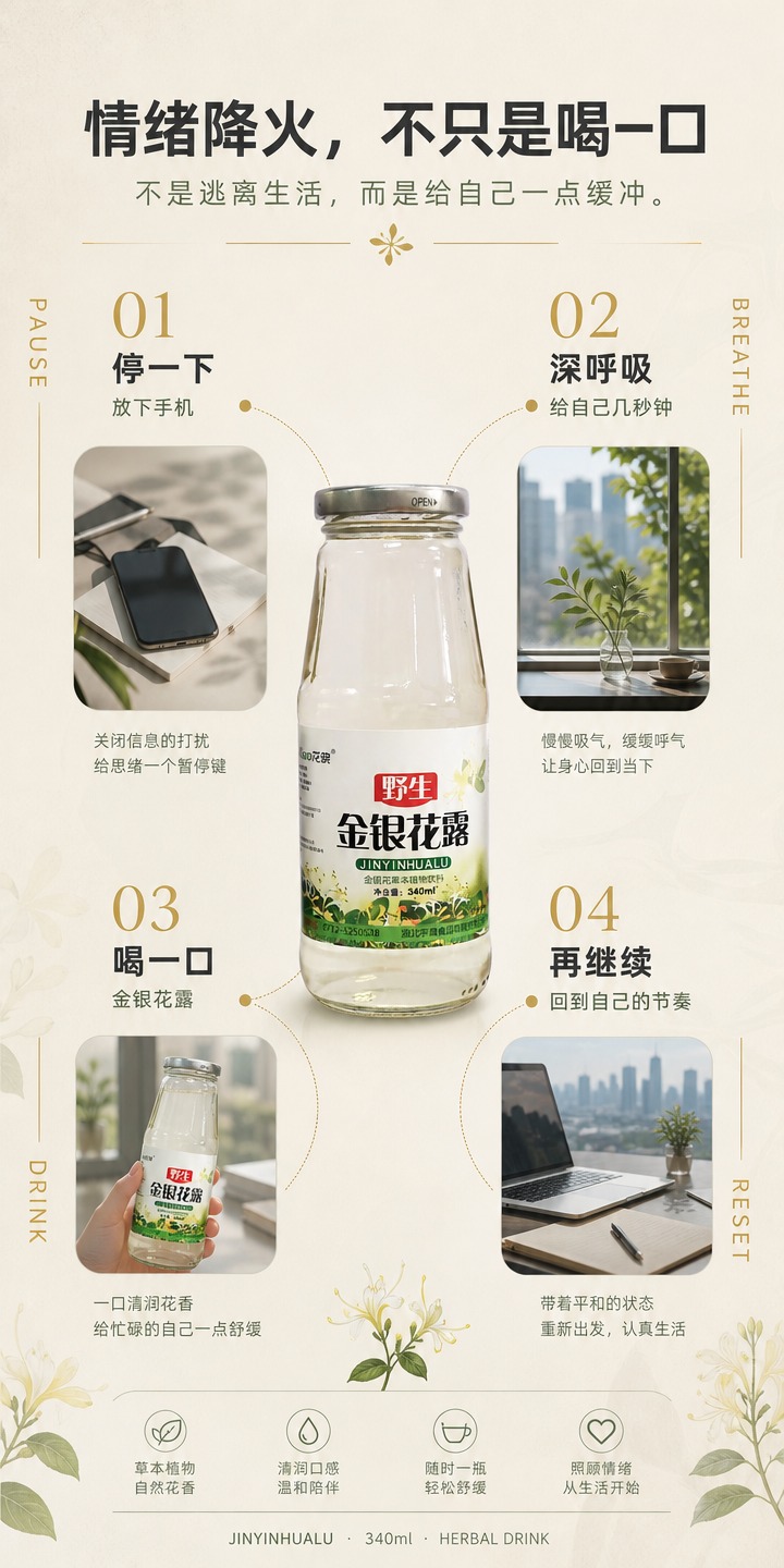 [商品] 使用【图1】野生金银花露玻璃瓶产品图；严格保留：透明… - 图片创意预览