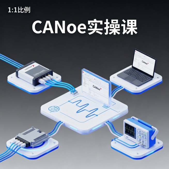 按原图风格生成新图：主标题改为"CANoe实操课"，保留原图1:1比例、蓝白3D科技风格、深灰渐变背景、等距悬浮设备布局，替换为CANoe相关的车载总线测试设备、CAN总线接口、车载测试仪器元素，整体预览效果
