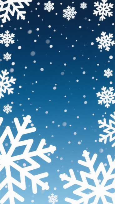 深蓝色渐变背景，边缘被精致的白色雪花图案环绕，雪花形态各异且大小不一，背景中点缀着细密的白色小点模拟飘落的雪花，整体营造出冬日雪景的宁静氛围，画面简洁干净，具有节日装饰感。预览效果