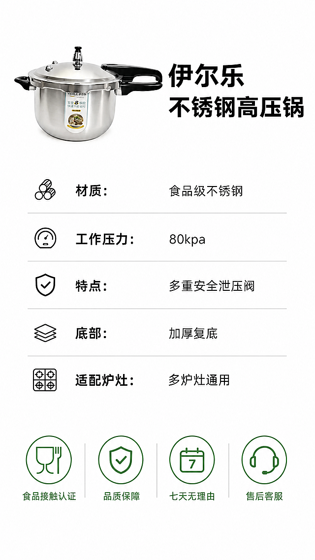 [第6屏] 产品参数与售后保障，伊尔乐高压锅完整规格信息展示。
[氛围/风格] 简约清晰风格，信息规整，增强购买信任。
[元素布局] 本屏使用【图1】作为产品主体，产品小图放在画面左上区域，占据画面20%，保持外观和结构与原图一致。右侧和下半部分为参数信息卡和售后保障图标区域，参数表整齐排列，底部为四个售后保障图标，整体干净规整，信息清晰。背景为纯白色干净底色。
[光影质感] 均匀柔和布光，信息清晰可见，参数文字不模糊，产品边缘清晰。
[配色色系] 全局底色：#FFFFFF；主体：不锈钢锅+黑色文字；辅助色：浅灰色分割线+绿色保障图标，清爽易读。
[视角构图] 左产品右信息，下半部分售后保障，竖向9:16排版，符合手机从上到下阅读顺序，信息分区明确。
[文字版式] 右上角产品名称「伊尔乐不锈钢高压锅」加粗，然后是参数列表：
材质：食品级不锈钢
工作压力：80kpa
特点：多重安全泄压阀
底部：加厚复底
适配炉灶：多炉灶通用
底部四个售后保障图标，分别标注：食品接触认证、品质保障、七天无理由、售后客服，图标配短文字，整齐排列，不拥挤。
[比例分辨率] 9:16竖版比例，4K分辨率，文字清晰可辨，超高清。
[负向提示词] 产品变形，结构错误，参数排列错乱，文字模糊，水印，虚假宣传，诱导按钮。