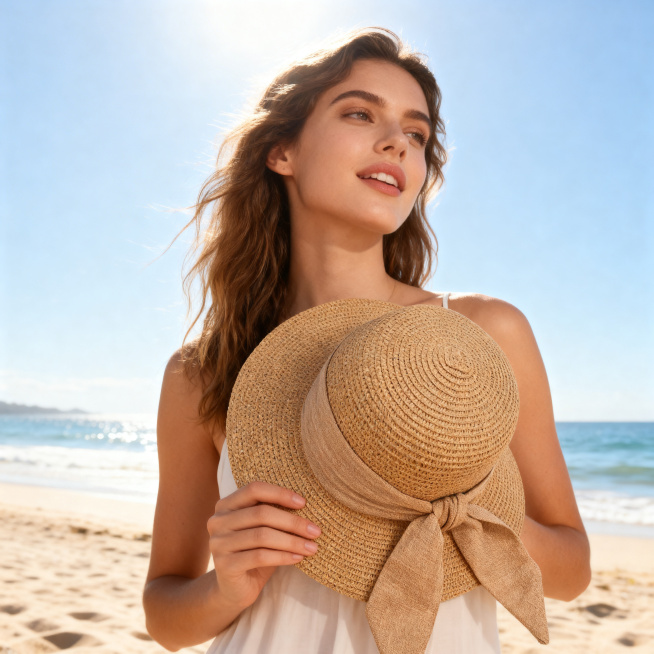 一个外国美女手里拿着卡其色草帽，保持图片中草帽的原有编织纹理和款式设计，在沙滩上摆造型，远景画面，阳光明媚的海边沙滩场景，自然清新风格预览效果