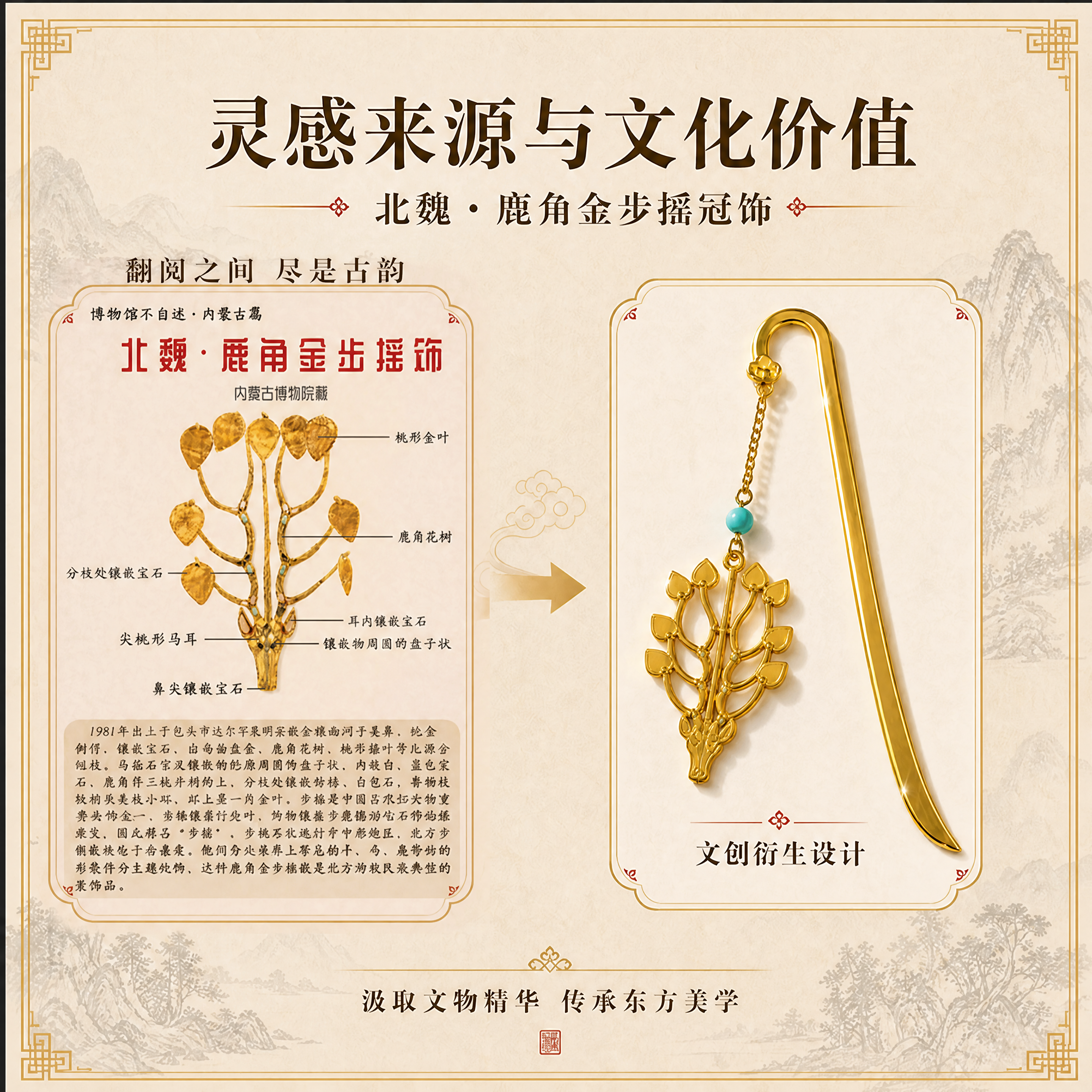 只修改图中顶部副标题的文字，将「北魏·鹿角金步摇冠」改为「北魏… - 图片创意预览